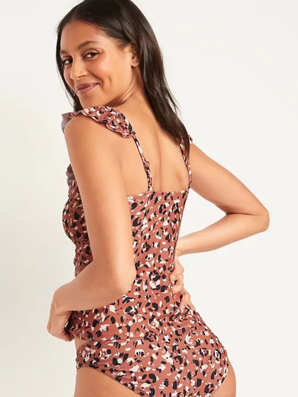 Old Navy Rust Leopard Ruffle V-Neck Tankini - Picture 2 of 6